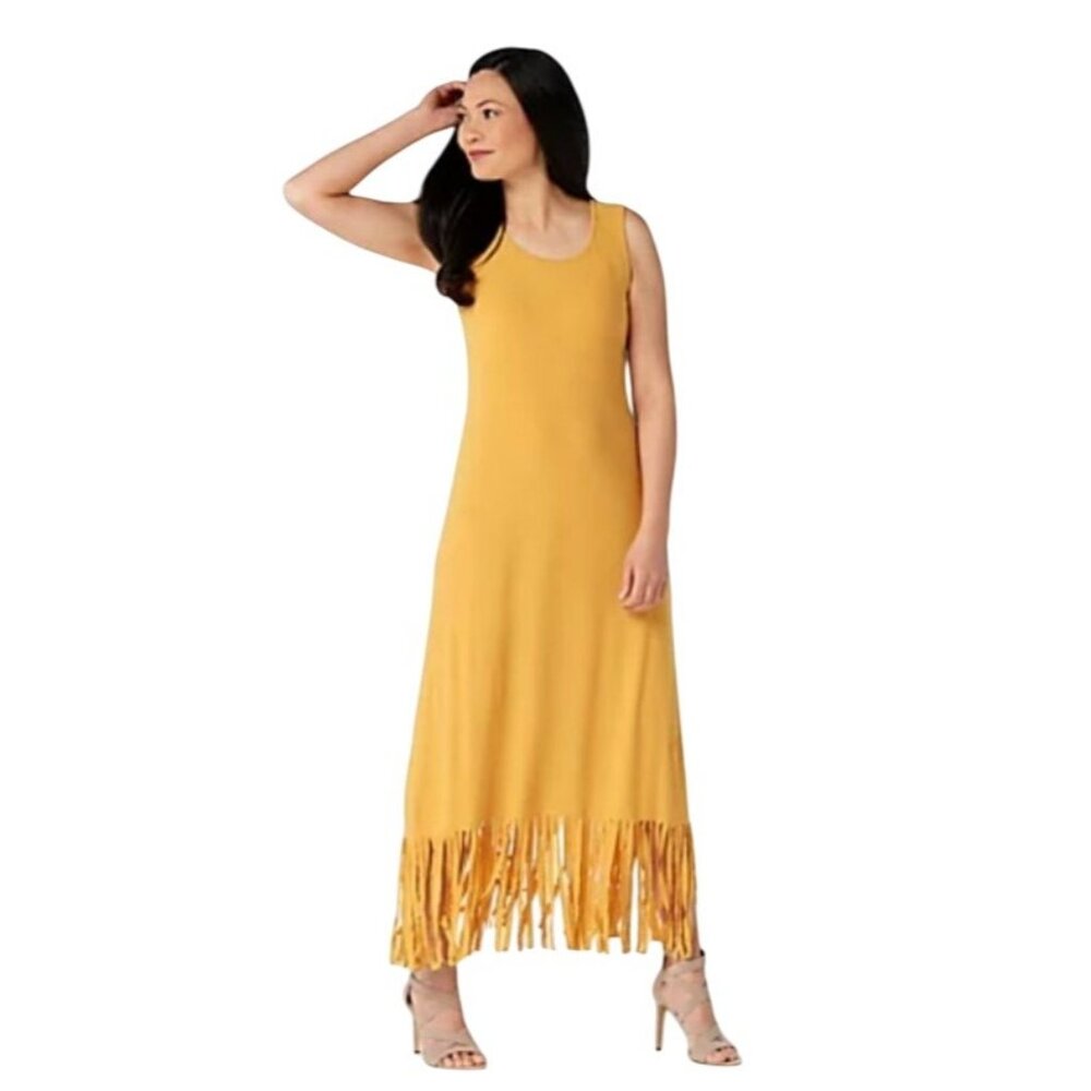 Womens Plus Size 3XL Mustard Yellow Sleeveless Cover Up Dress Fringe Hem Beach